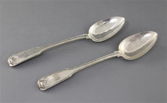 A pair of mid 19th century Chinese silver double struck fiddle, thread and shell pattern basting spoons by Cutshing, Canton, 12 oz.